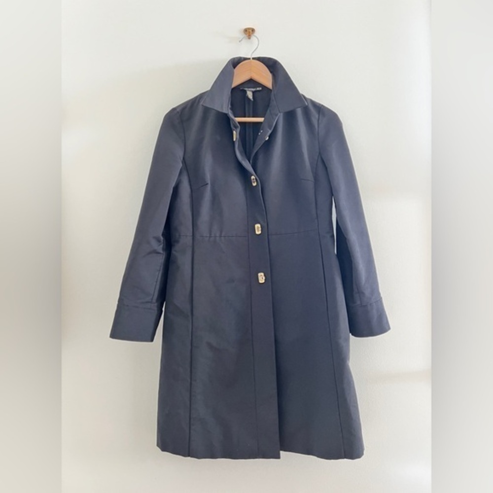 VTG Banana Republic Black Trench Coat Women M Petite Cotton  Nylon  Brass Clasp